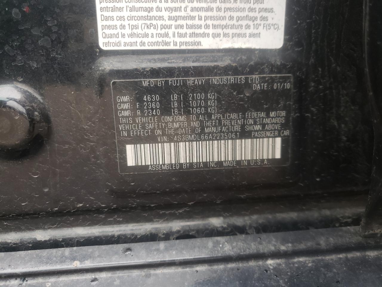 Photo 10 from auction – 2010 SUBARU LEGACY 3.6 with VIN 4S3BMDL66A2235061