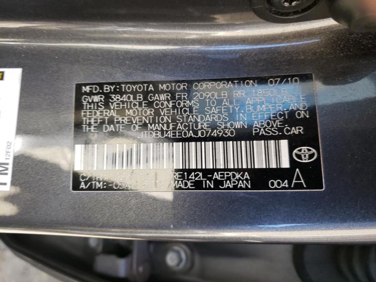 Photo 10 from auction – 2010 TOYOTA COROLLA BA with VIN JTDBU4EE0AJ074930