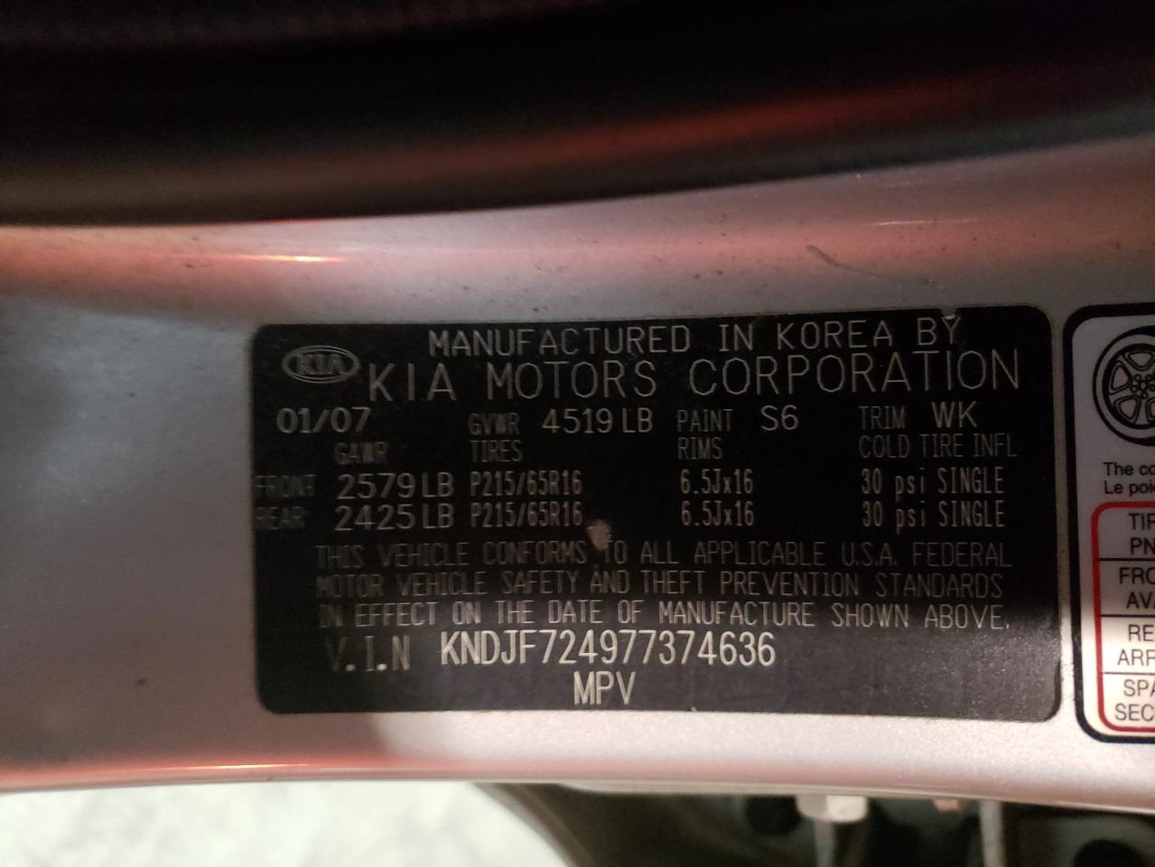 Photo 10 from auction – 2007 KIA SPORTAGE L with VIN KNDJF724977374636