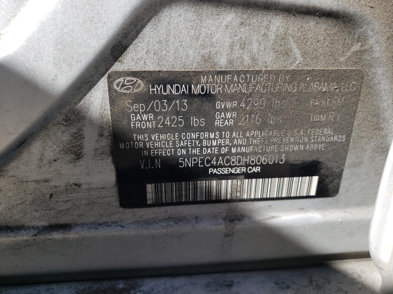 Photo 10 from auction – 2013 HYUNDAI SONATA SE with VIN 5NPEC4AC8DH806013