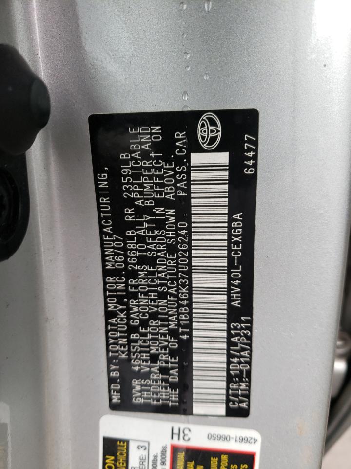 Photo 10 from auction – 2007 TOYOTA CAMRY HYBR with VIN 4T1BB46K37U026240