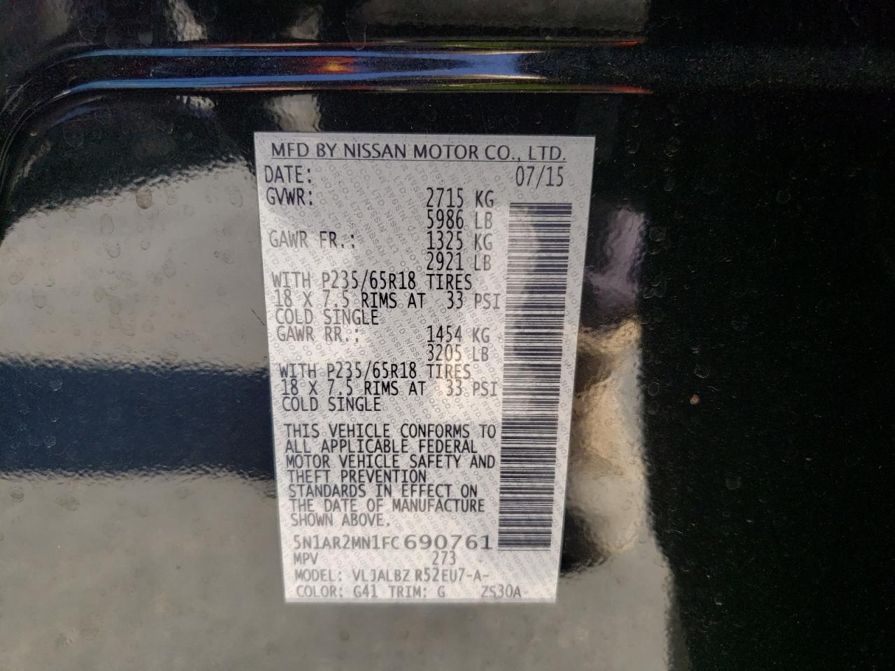 Photo 10 from auction – 2015 NISSAN PATHFINDER with VIN 5N1AR2MN1FC690761