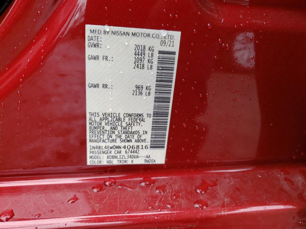 Photo 10 from auction – 2021 NISSAN ALTIMA SL with VIN 1N4BL4EW0MN406816