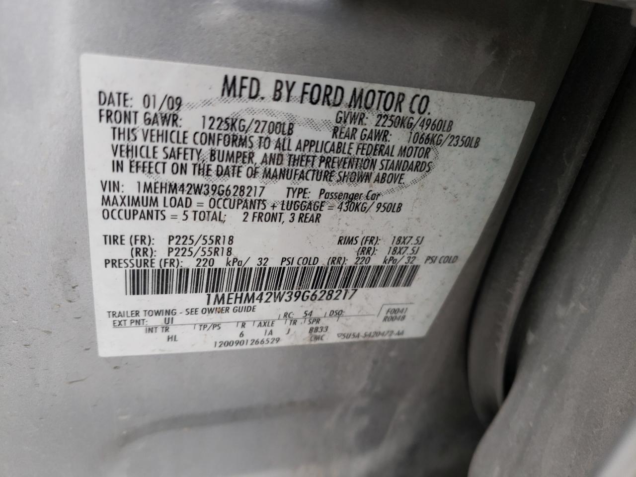 Photo 10 from auction – 2009 MERCURY SABLE PREM with VIN 1MEHM42W39G628217