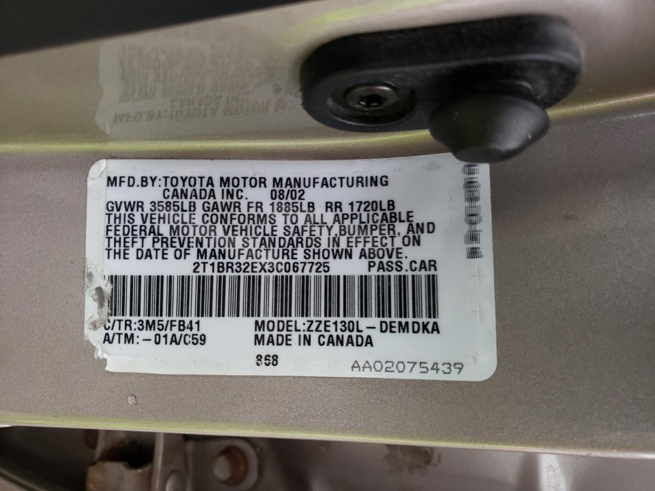 Photo 10 from auction – 2003 TOYOTA COROLLA CE with VIN 2T1BR32EX3C067725