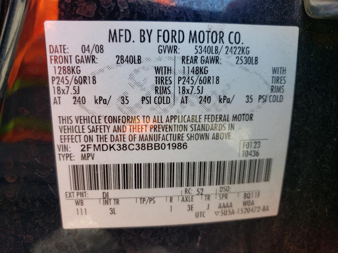 Photo 10 from auction – 2008 FORD EDGE SEL with VIN 2FMDK38C38BB01986