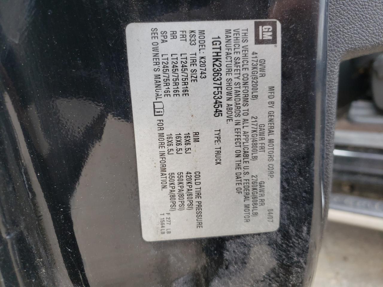 Photo 10 from auction – 2007 GMC SIERRA K25 with VIN 1GTHK23637F534545