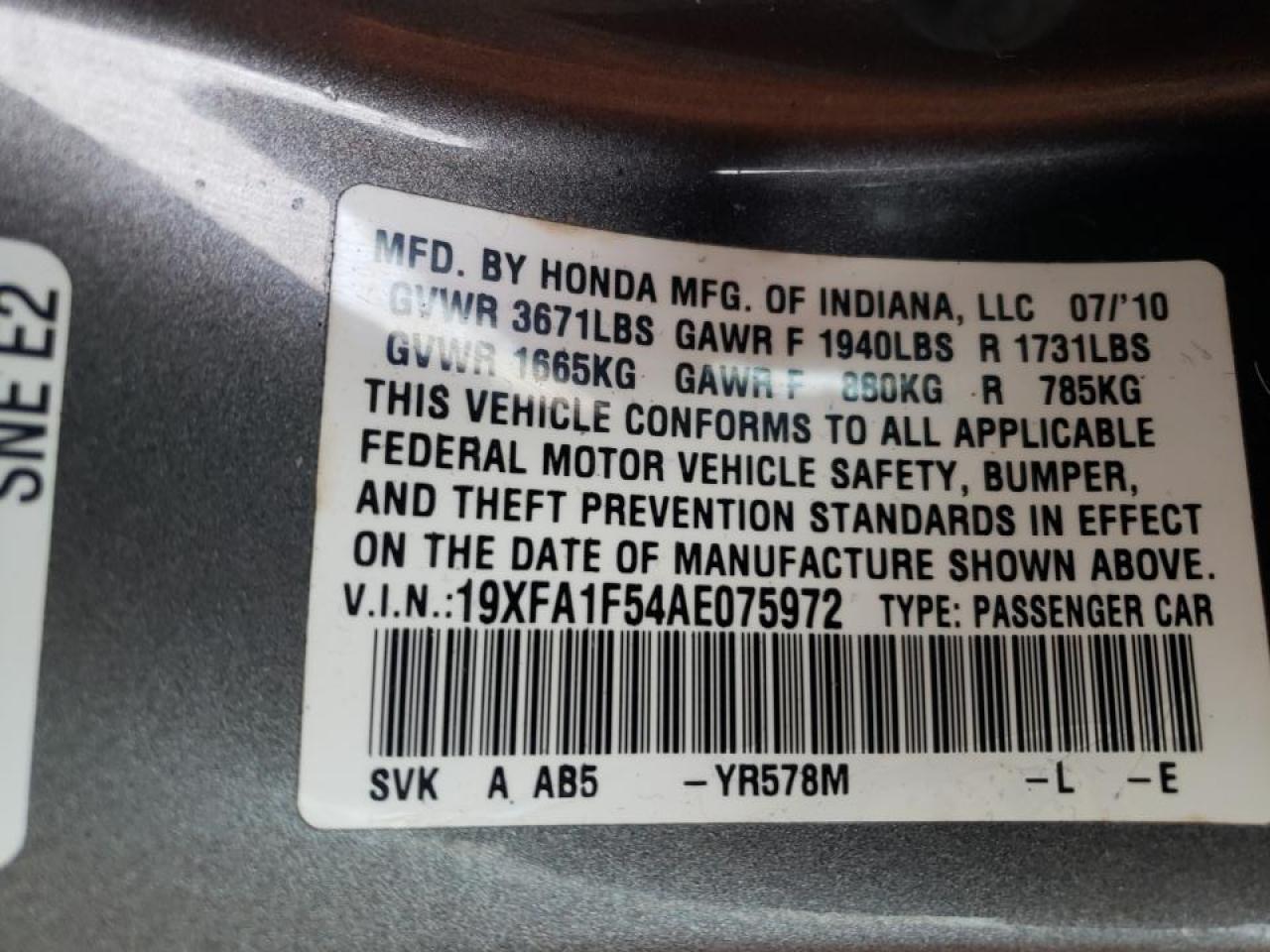 Photo 10 from auction – 2010 HONDA CIVIC LX with VIN 19XFA1F54AE075972