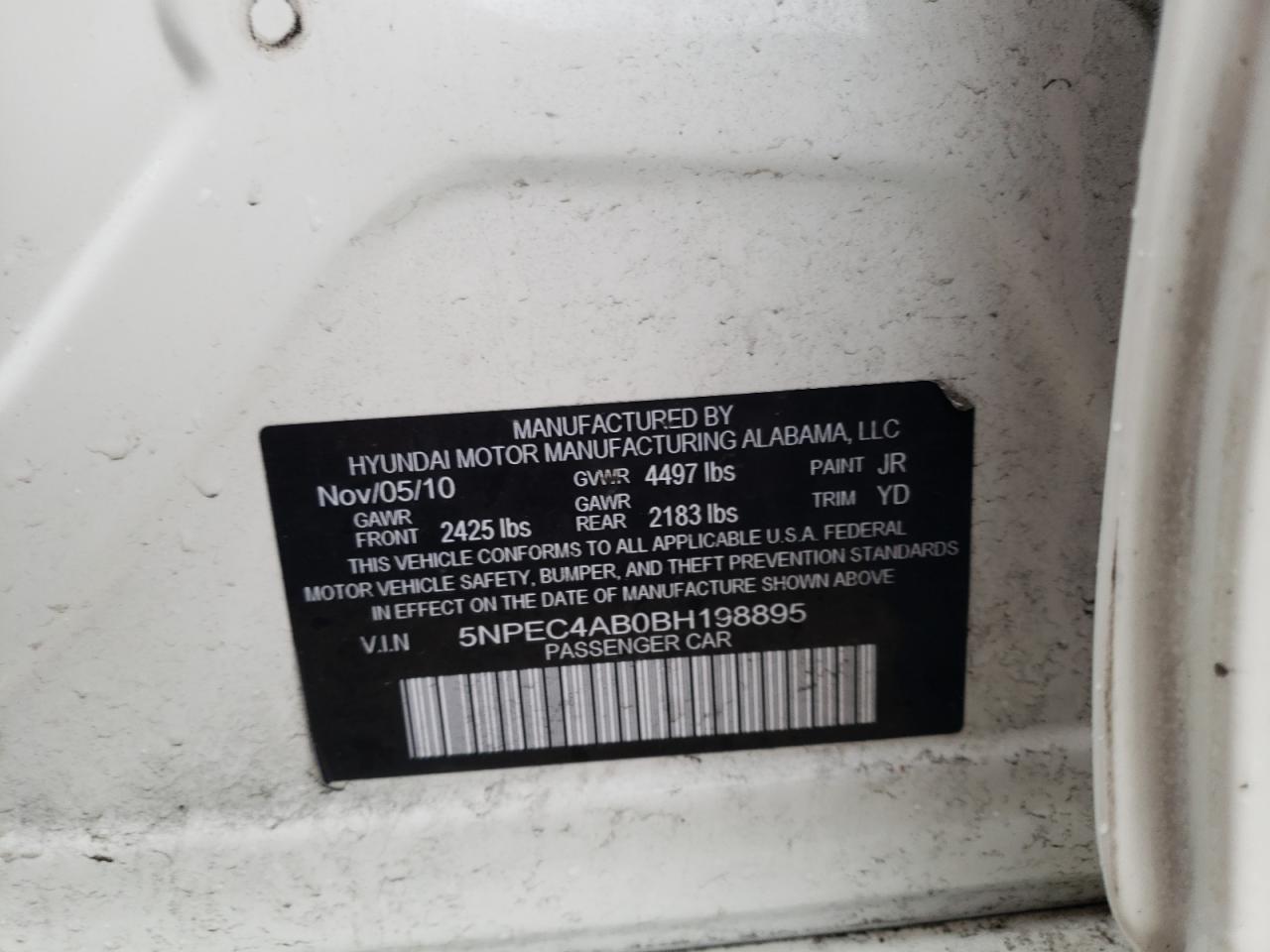 Photo 10 from auction – 2011 HYUNDAI SONATA SE with VIN 5NPEC4AB0BH198895