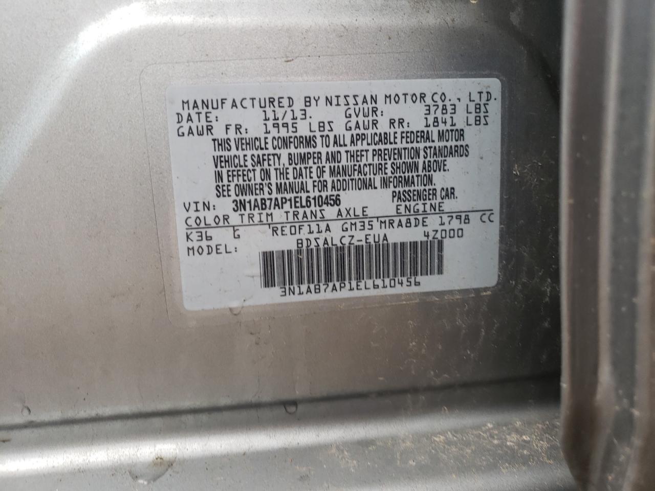 Photo 10 from auction – 2014 NISSAN SENTRA S with VIN 3N1AB7AP1EL610456
