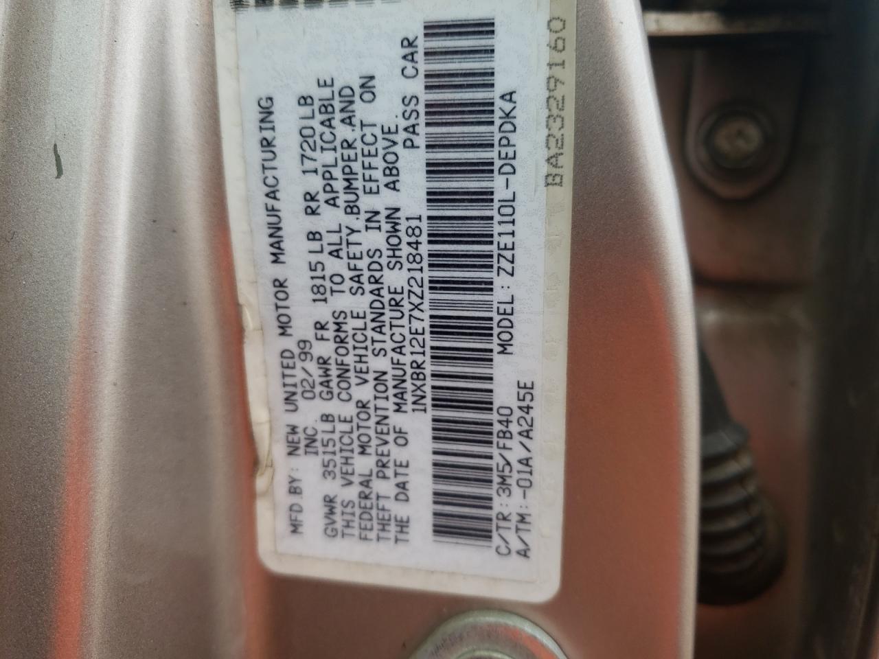 Photo 10 from auction – 1999 TOYOTA COROLLA VE with VIN 1NXBR12E7XZ218481