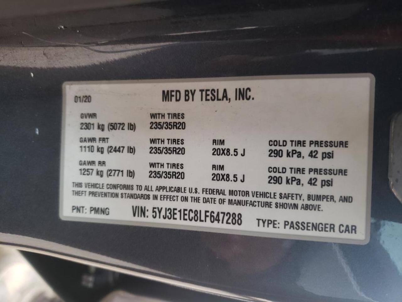 Photo 10 from auction – 2020 TESLA MODEL 3 with VIN 5YJ3E1EC8LF647288