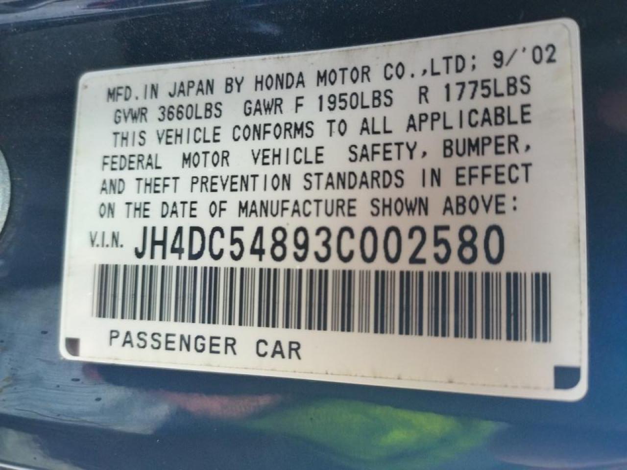 Photo 10 from auction – 2003 ACURA RSX with VIN JH4DC54893C002580