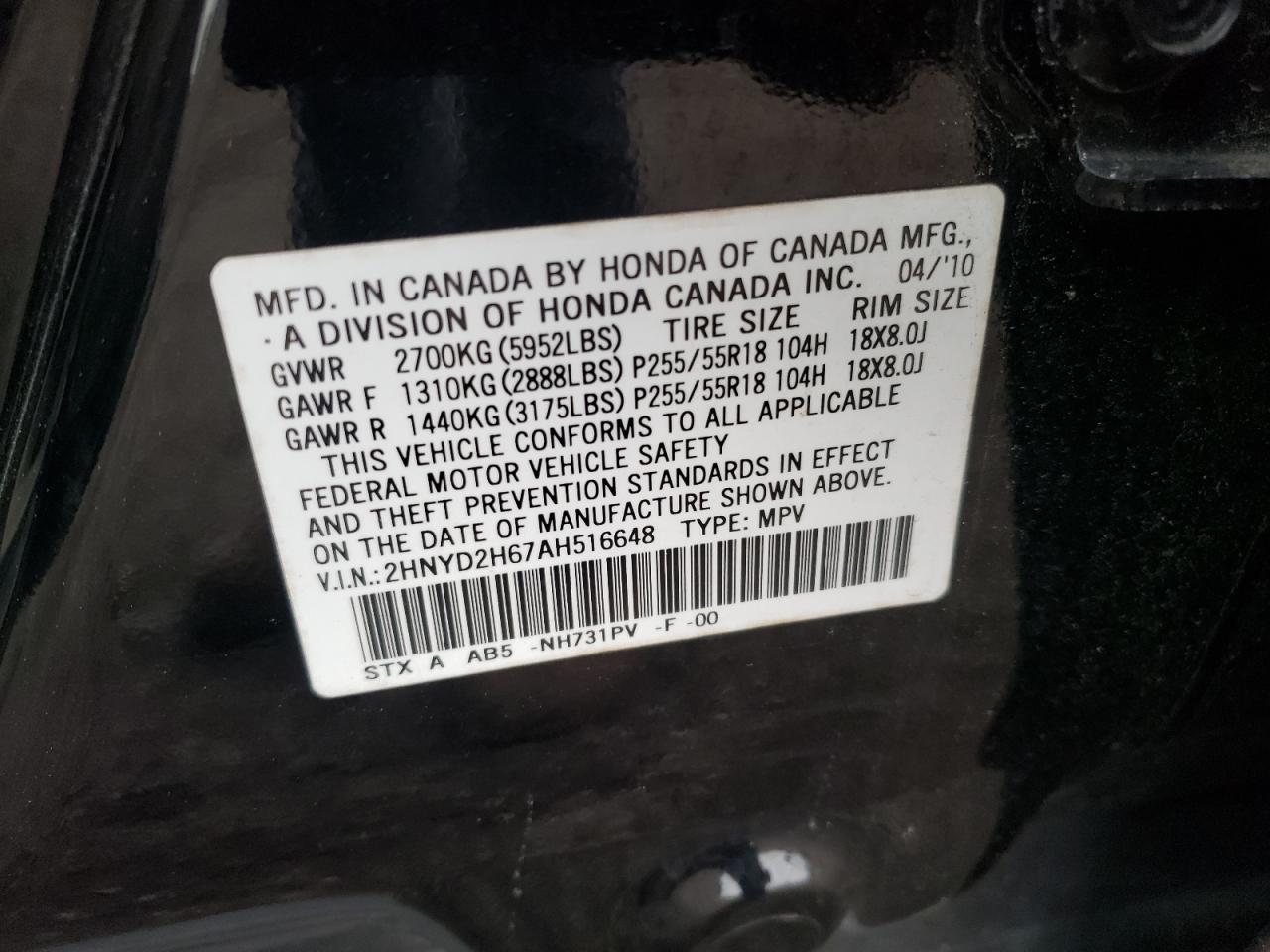 Photo 10 from auction – 2010 ACURA MDX TECHNO with VIN 2HNYD2H67AH516648