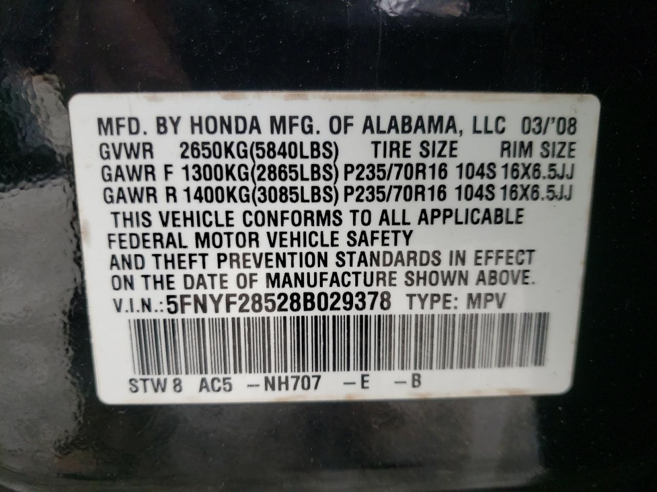 Photo 10 from auction – 2008 HONDA PILOT EXL with VIN 5FNYF28528B029378
