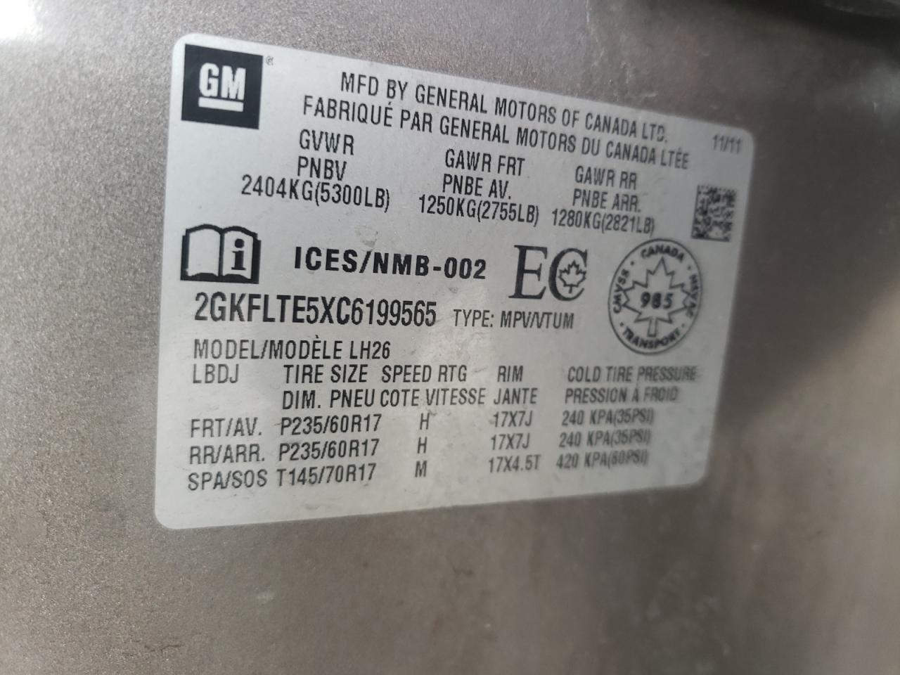 Photo 10 from auction – 2012 GMC TERRAIN SL with VIN 2GKFLTE5XC6199565