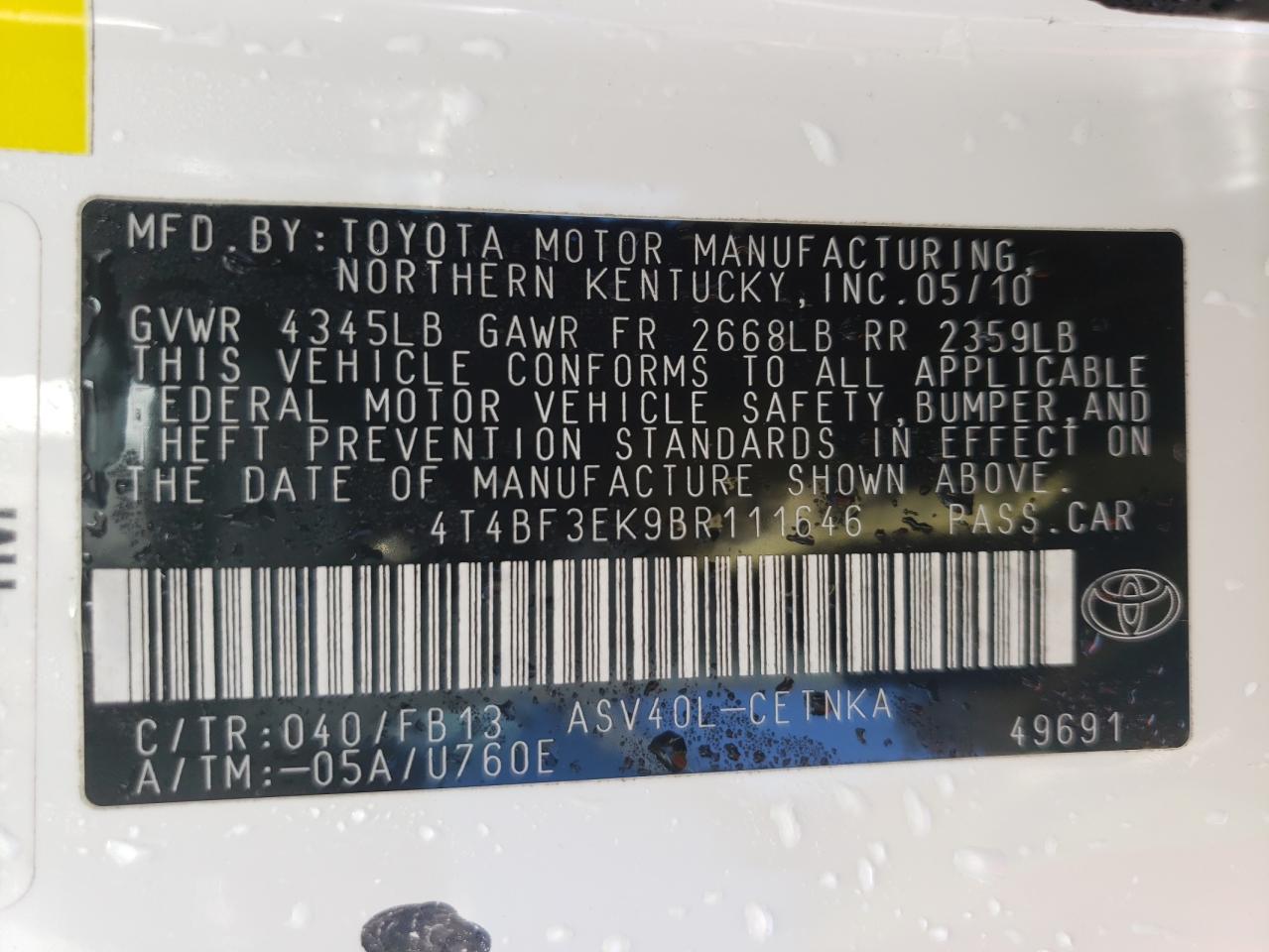 صورة رقم 10 من المزاد - 2011 TOYOTA CAMRY BASE مع VIN 4T4BF3EK9BR111646