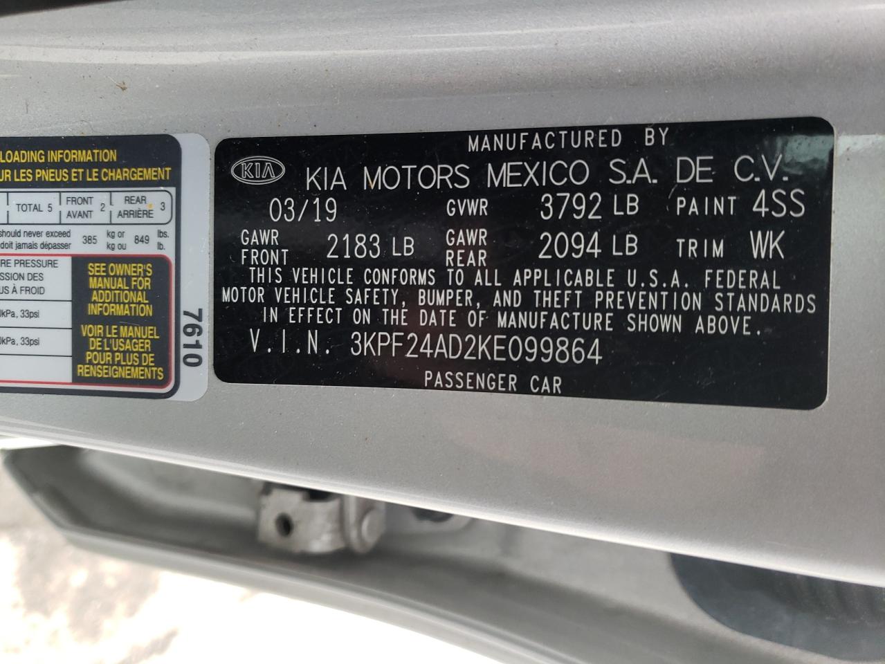 Photo 10 from auction – 2019 KIA FORTE FE with VIN 3KPF24AD2KE099864