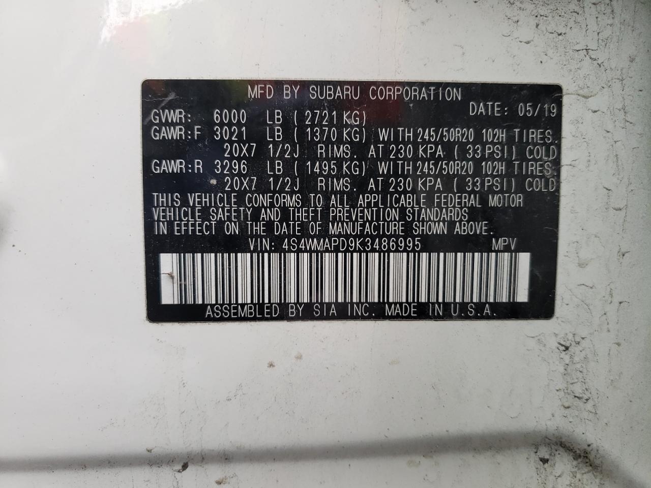 Photo 10 from auction – 2019 SUBARU ASCENT LIM with VIN 4S4WMAPD9K3486995