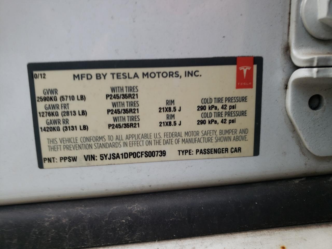 Photo 10 from auction – 2012 TESLA MODEL S with VIN 5YJSA1DP0CFS00739