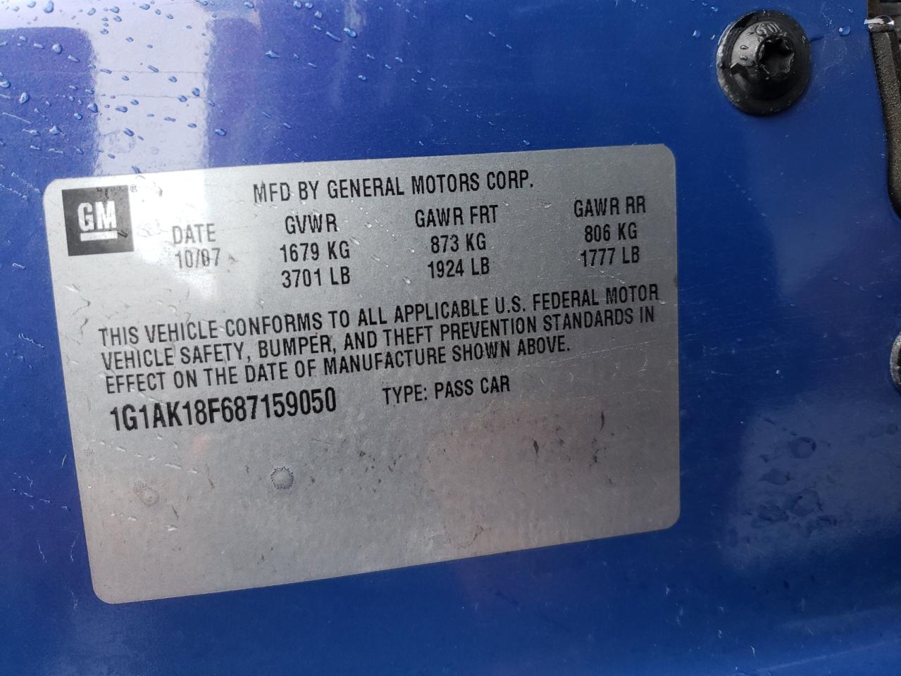 Photo 10 from auction – 2008 CHEVROLET COBALT LS with VIN 1G1AK18F687159050
