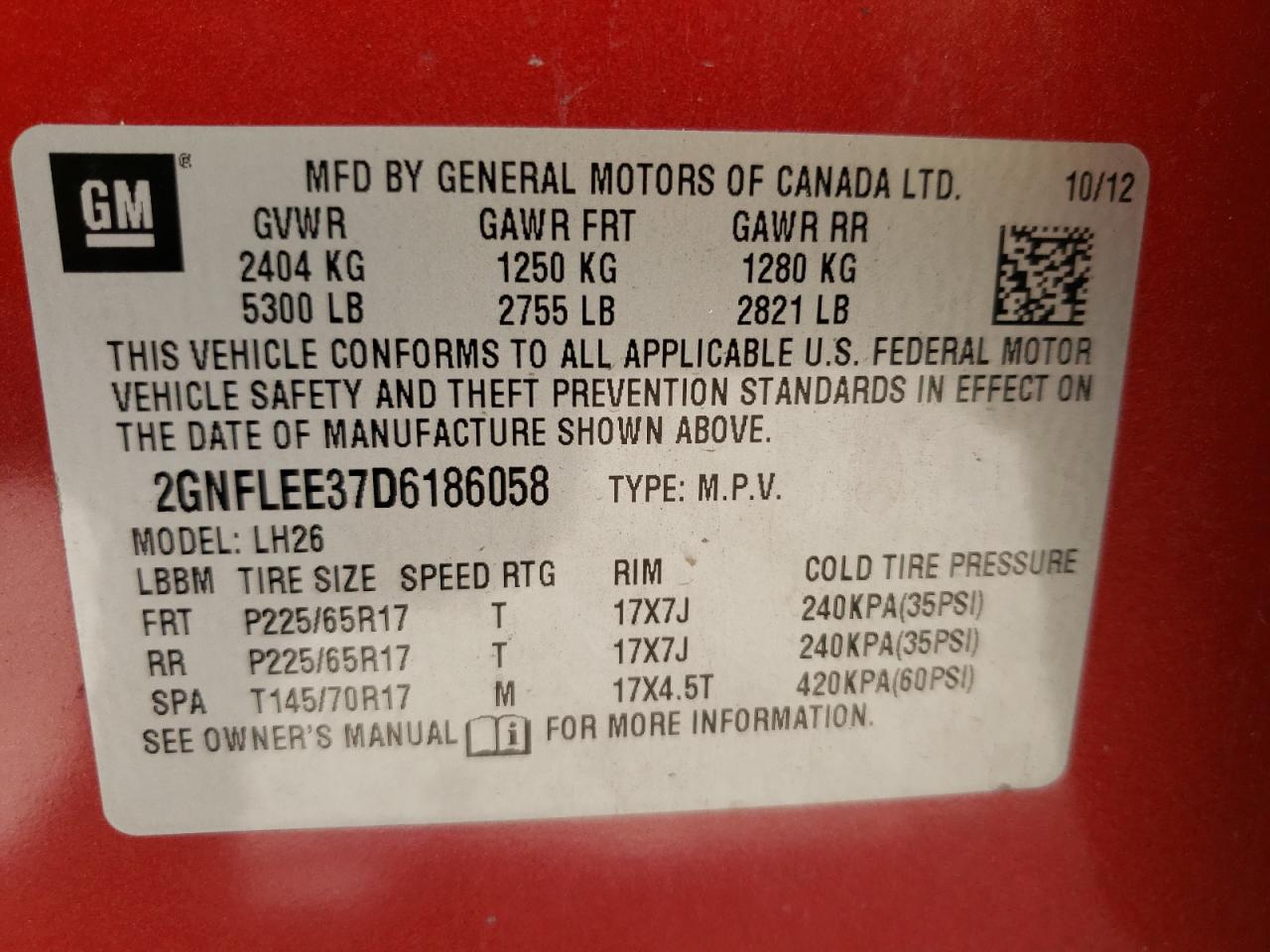 Photo 10 from auction – 2013 CHEVROLET EQUINOX LT with VIN 2GNFLEE37D6186058