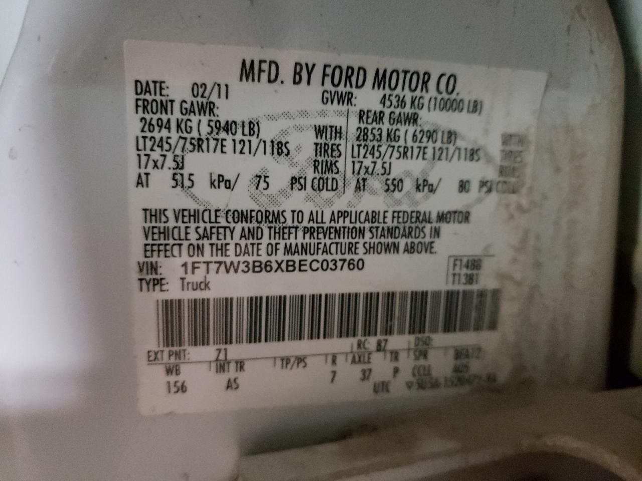 Photo 10 from auction – 2011 FORD F350 SUPER with VIN 1FT7W3B6XBEC03760