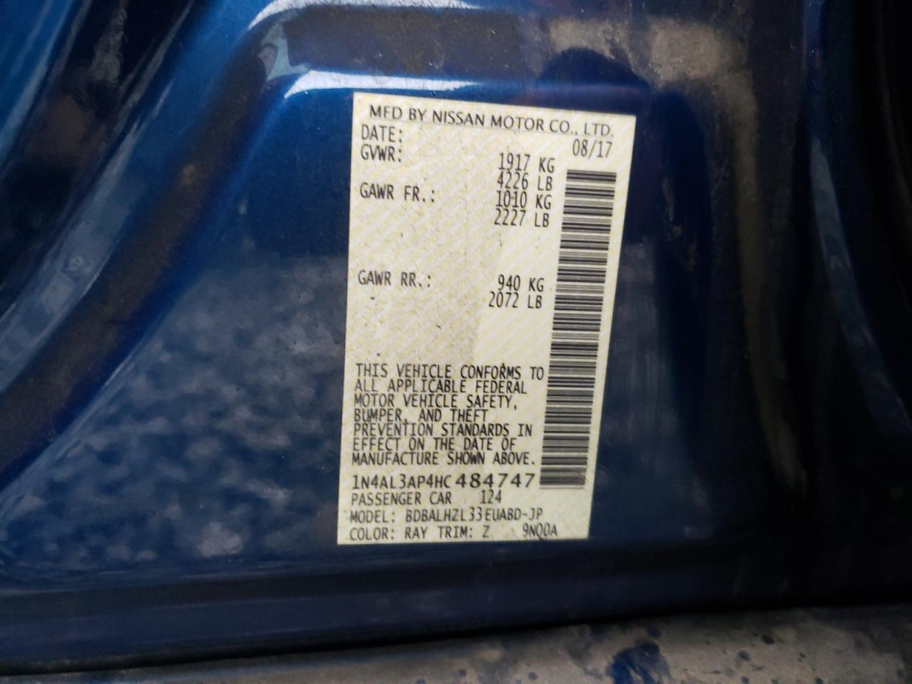 Photo 10 from auction – 2017 NISSAN ALTIMA 2.5 with VIN 1N4AL3AP4HC484747