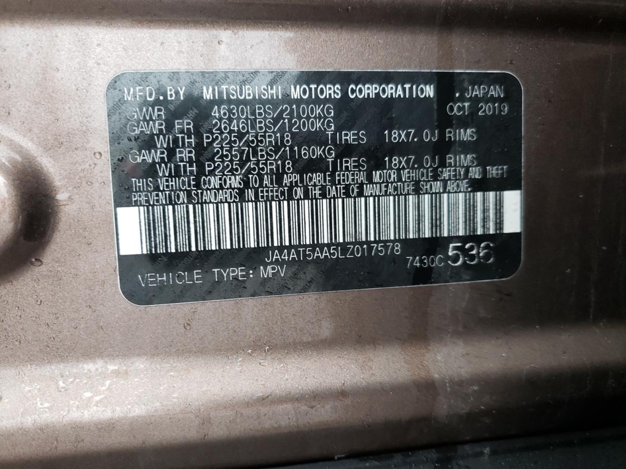 Photo 10 from auction – 2020 MITSUBISHI ECLIPSE CR with VIN JA4AT5AA5LZ017578