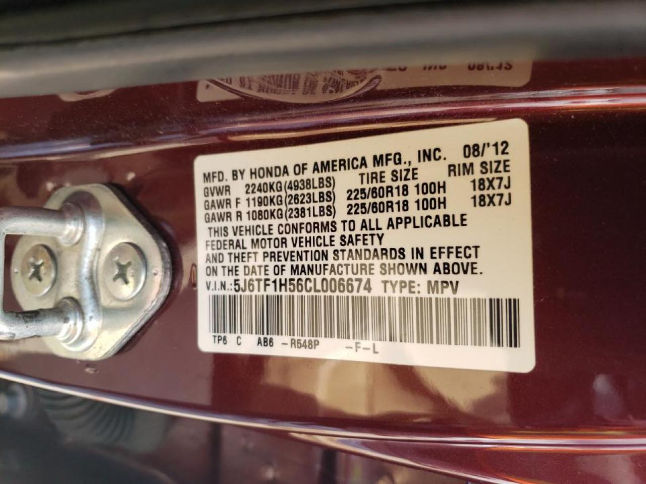 Photo 10 from auction – 2012 HONDA CROSSTOUR with VIN 5J6TF1H56CL006674