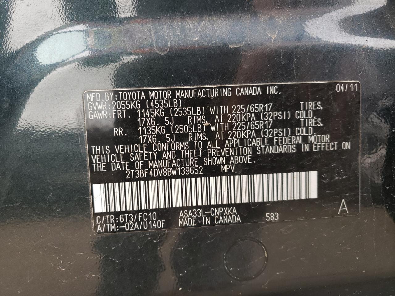 Photo 10 from auction – 2011 TOYOTA RAV4 with VIN 2T3BF4DV8BW139652