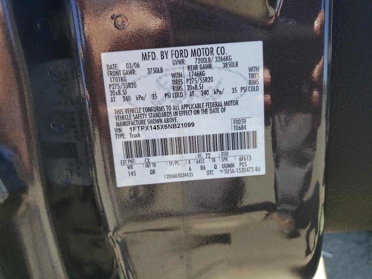 Photo 10 from auction – 2006 FORD F150 with VIN 1FTPX145X6NB21099