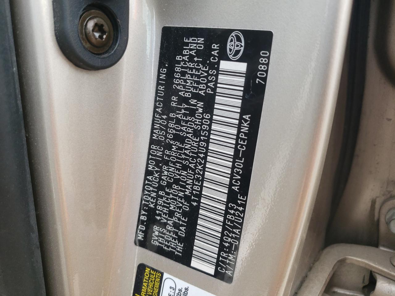Photo 10 from auction – 2004 TOYOTA CAMRY LE with VIN 4T1BE32K24U915906