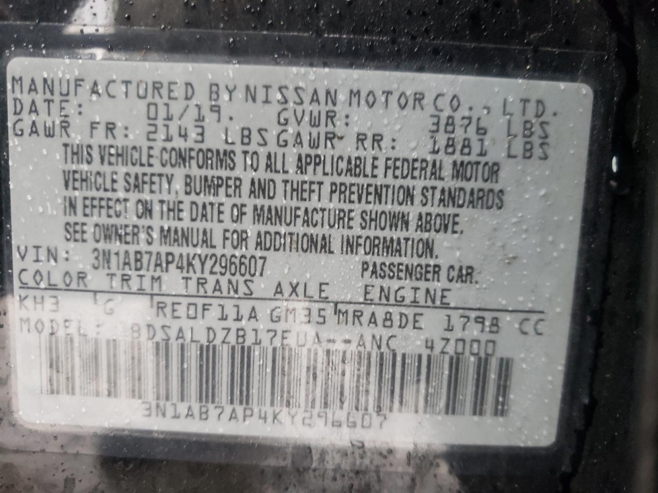 Photo 10 from auction – 2019 NISSAN SENTRA with VIN 3N1AB7AP4KY296607