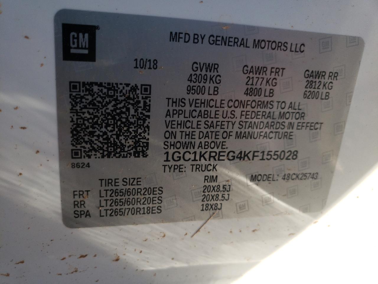 Photo 10 from auction – 2019 CHEVROLET SILVERADO with VIN 1GC1KREG4KF155028