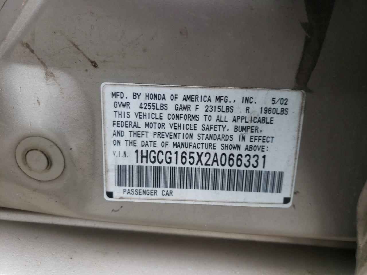 Photo 10 from auction – 2002 HONDA ACCORD EX with VIN 1HGCG165X2A066331
