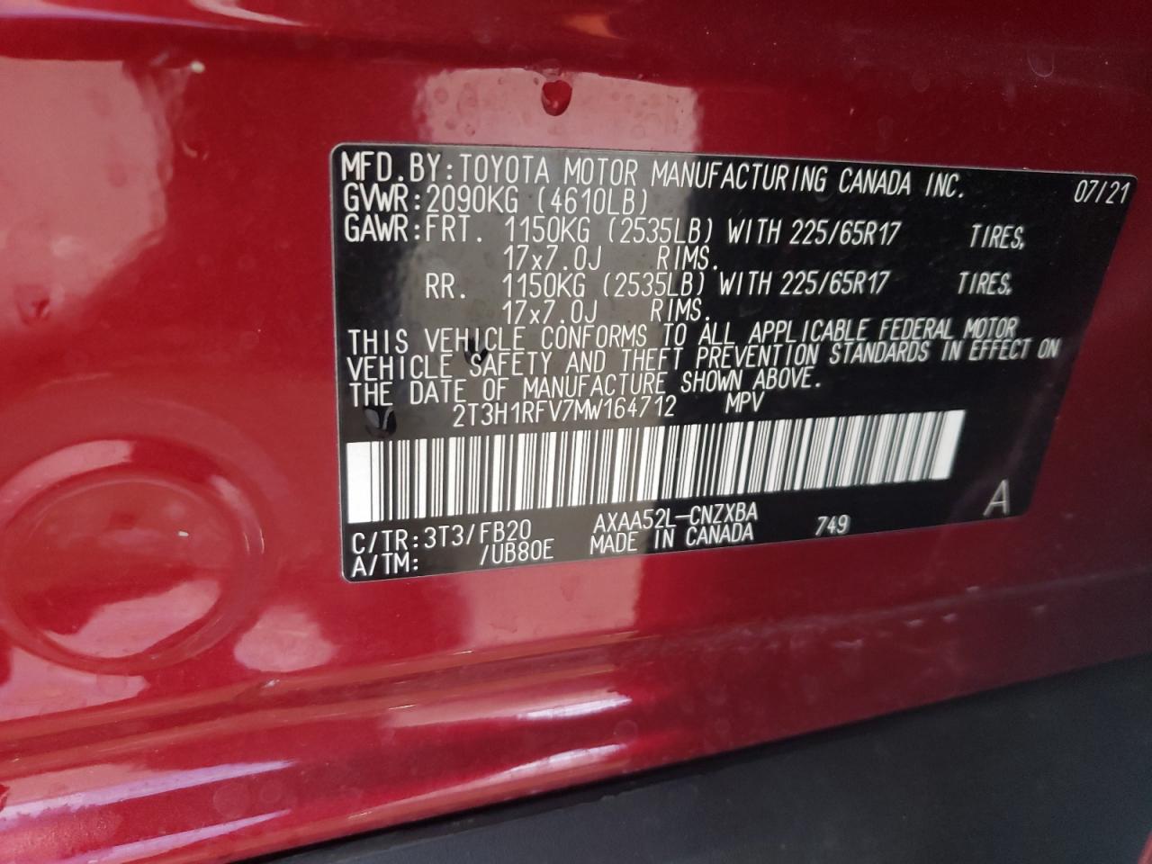 Photo 10 from auction – 2021 TOYOTA RAV4 LE with VIN 2T3H1RFV7MW164712