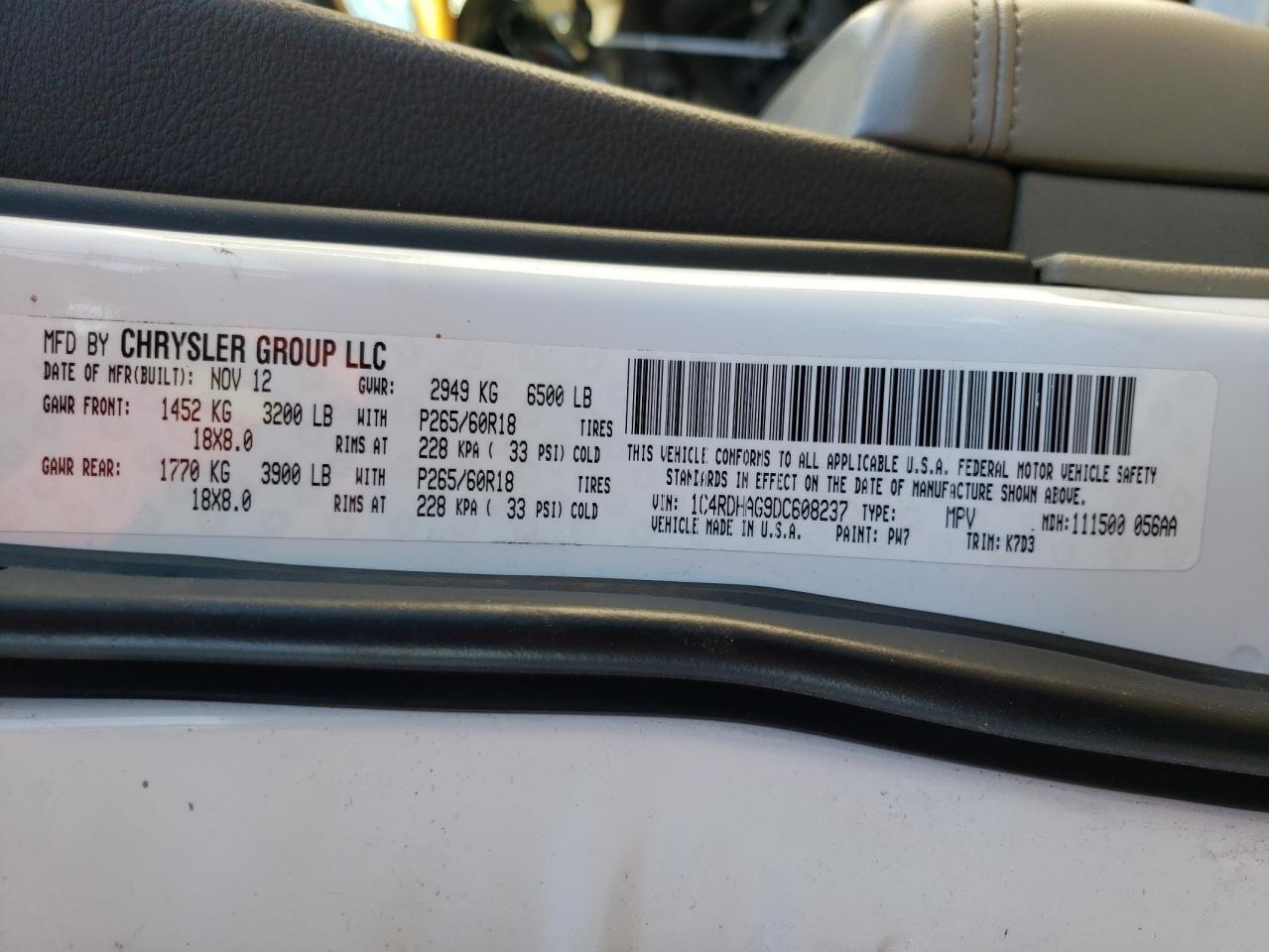Photo 10 from auction – 2013 DODGE DURANGO SX with VIN 1C4RDHAG9DC608237
