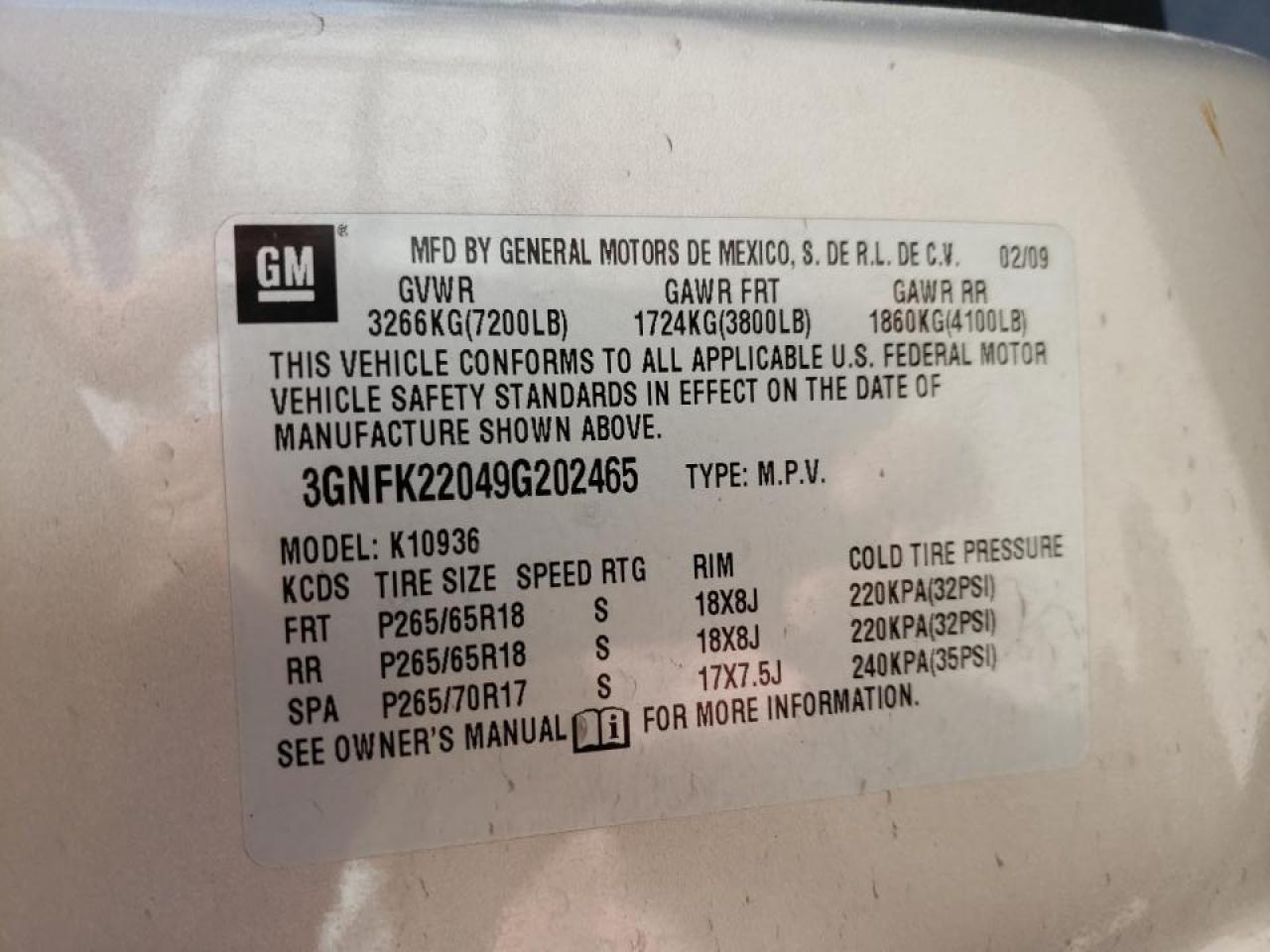 Photo 10 from auction – 2009 CHEVROLET AVALANCHE with VIN 3GNFK22049G202465