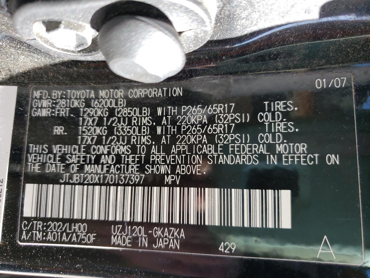 Photo 10 from auction – 2007 LEXUS GX 470 with VIN JTJBT20X170137397