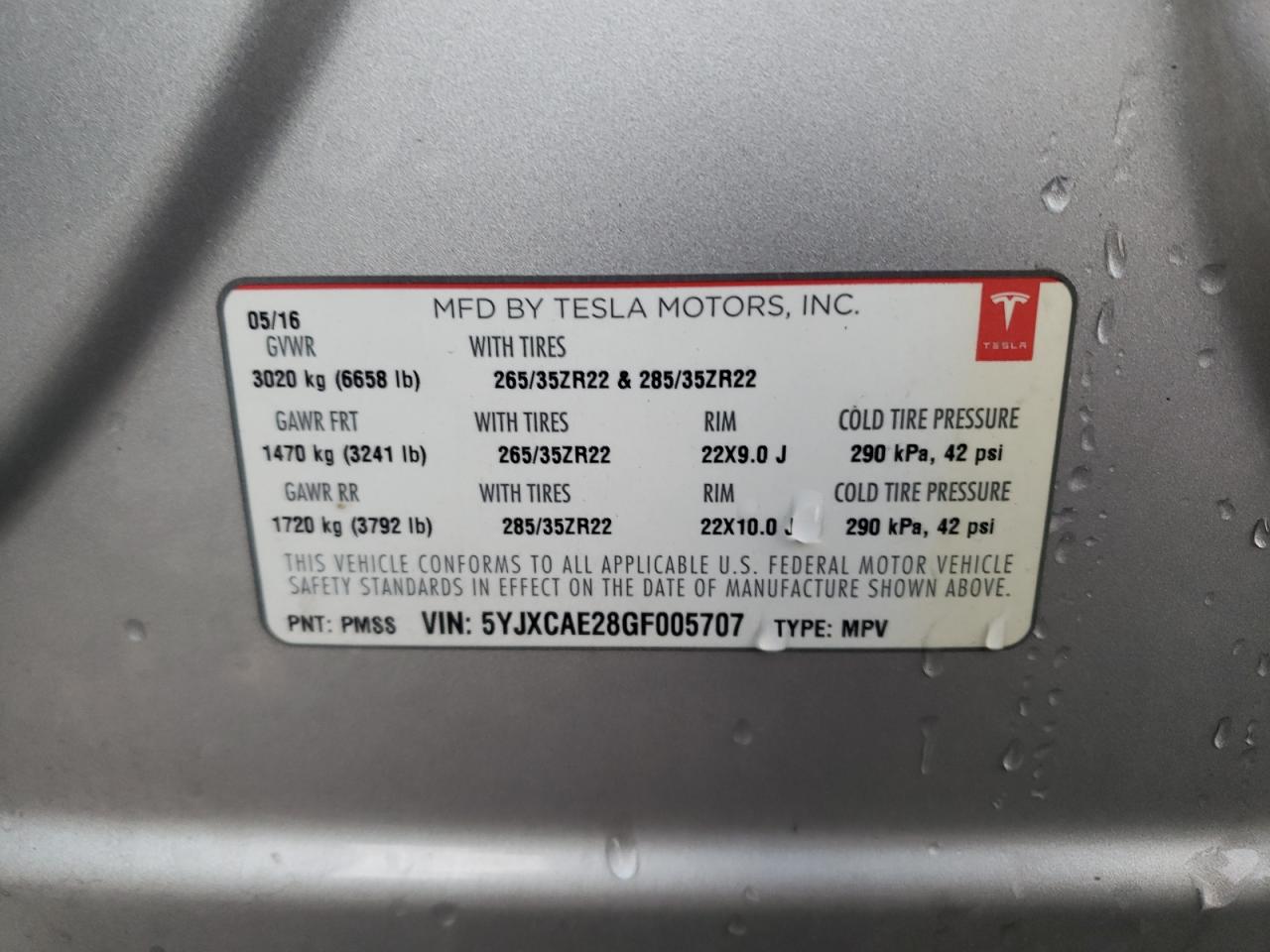 Photo 10 from auction – 2016 TESLA MODEL X with VIN 5YJXCAE28GF005707