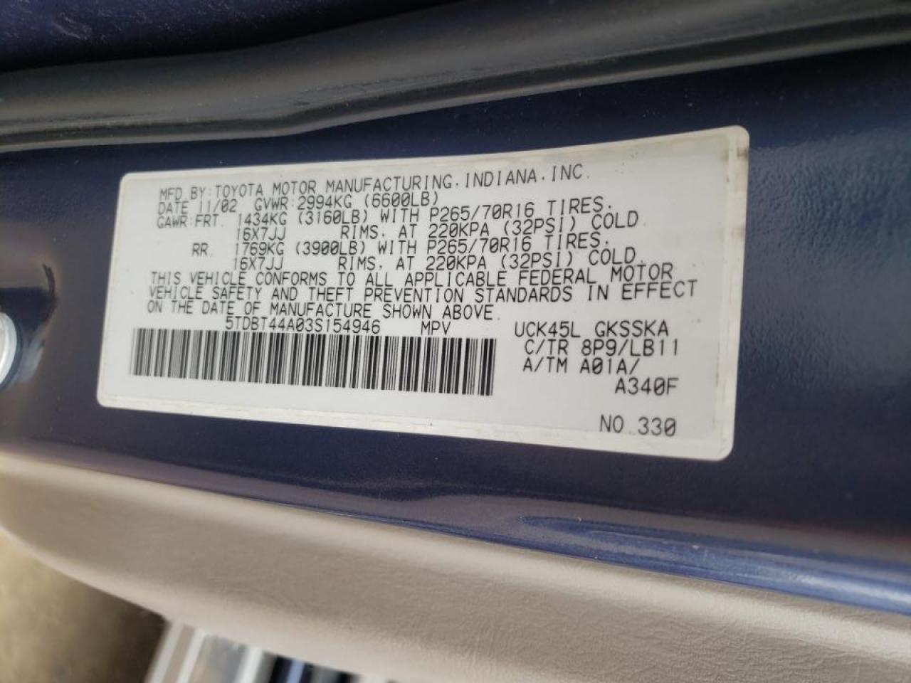 Photo 10 from auction – 2003 TOYOTA SEQUOIA SR with VIN 5TDBT44A03S154946
