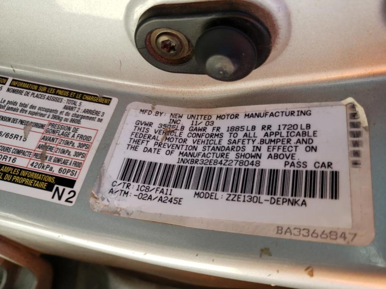 Photo 10 from auction – 2004 TOYOTA COROLLA CE with VIN 1NXBR32E84Z278048
