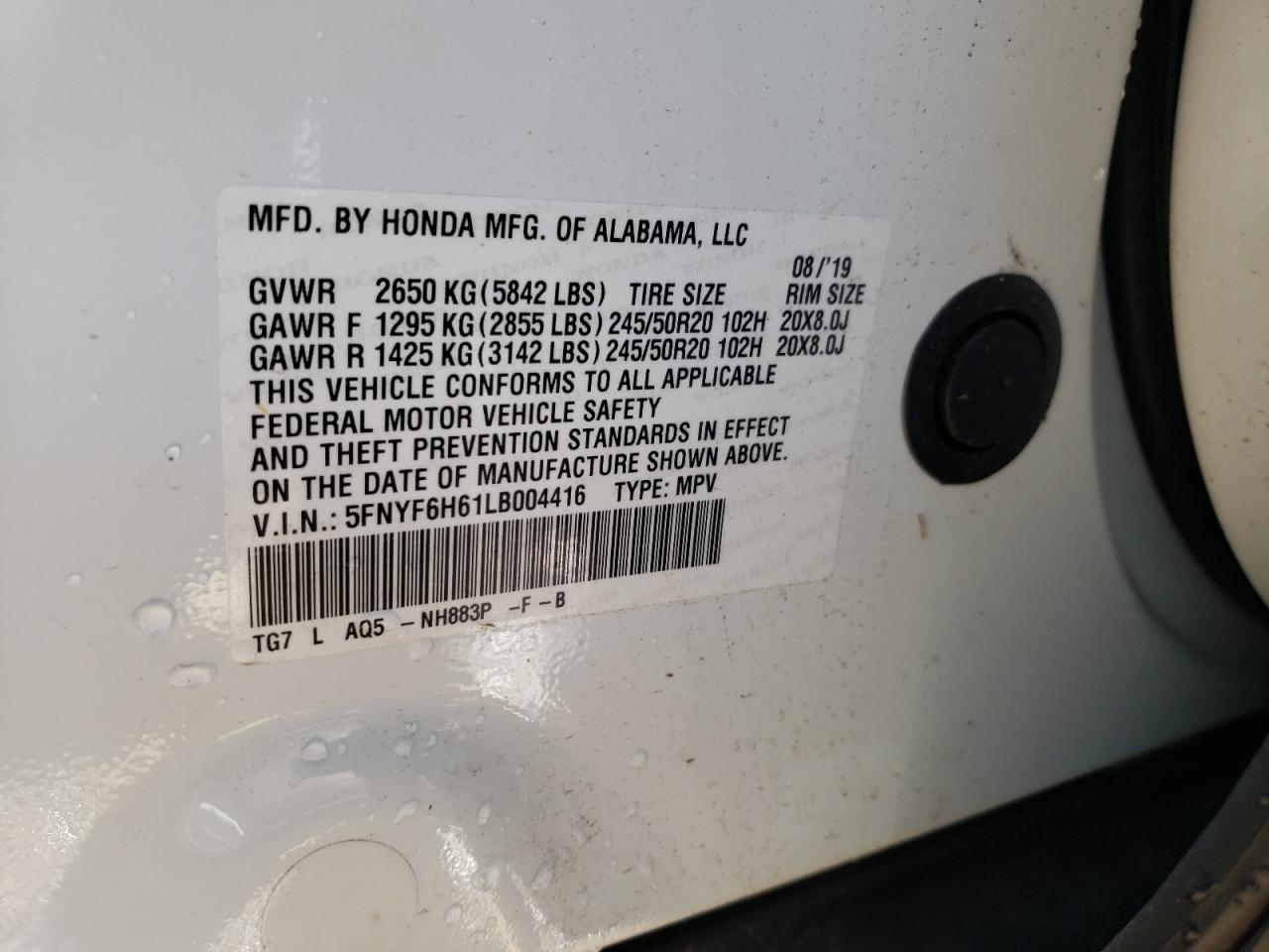 Photo 10 from auction – 2020 HONDA PILOT TOUR with VIN 5FNYF6H61LB004416