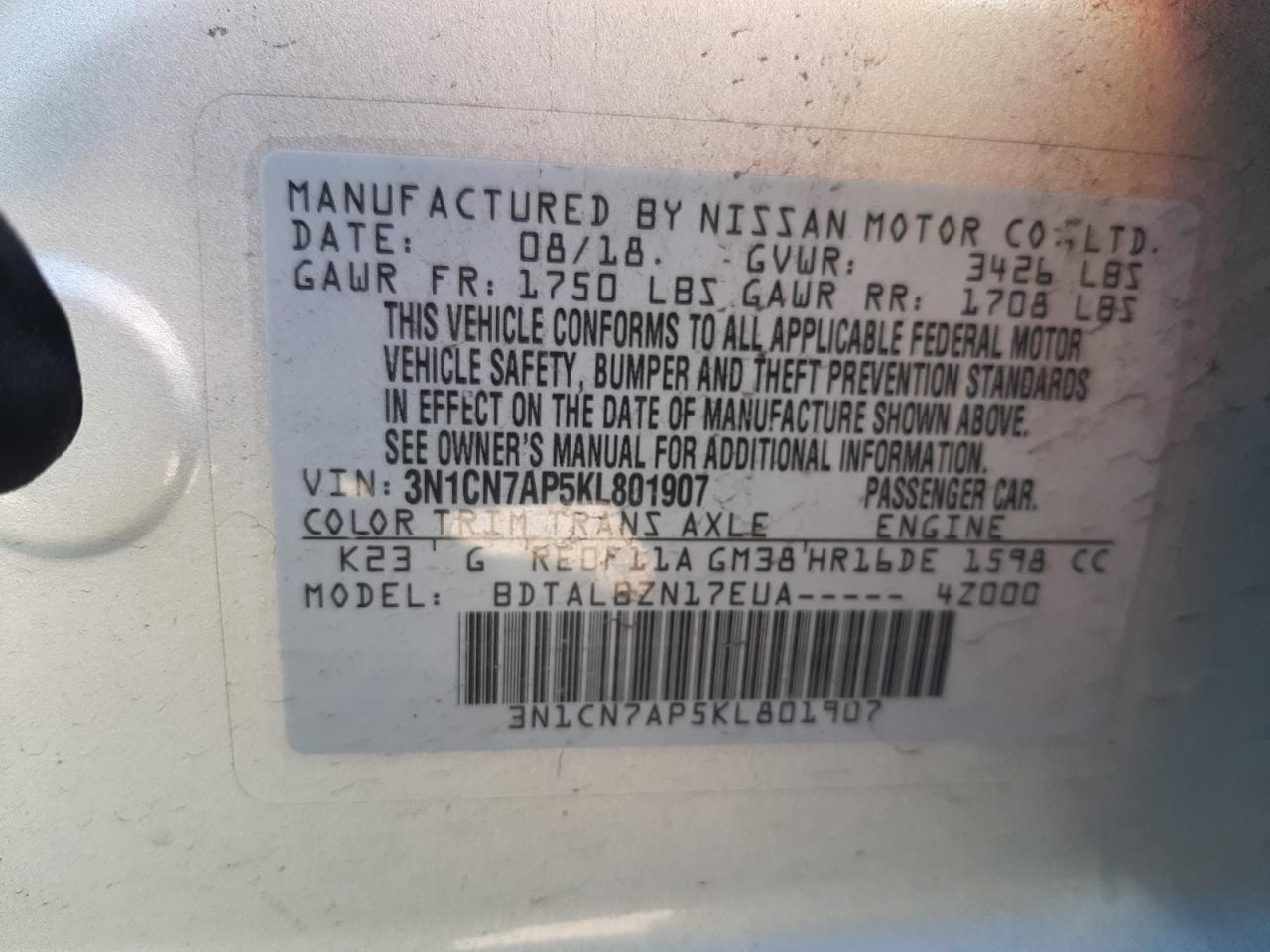 Photo 10 from auction – 2019 NISSAN VERSA S with VIN 3N1CN7AP5KL801907