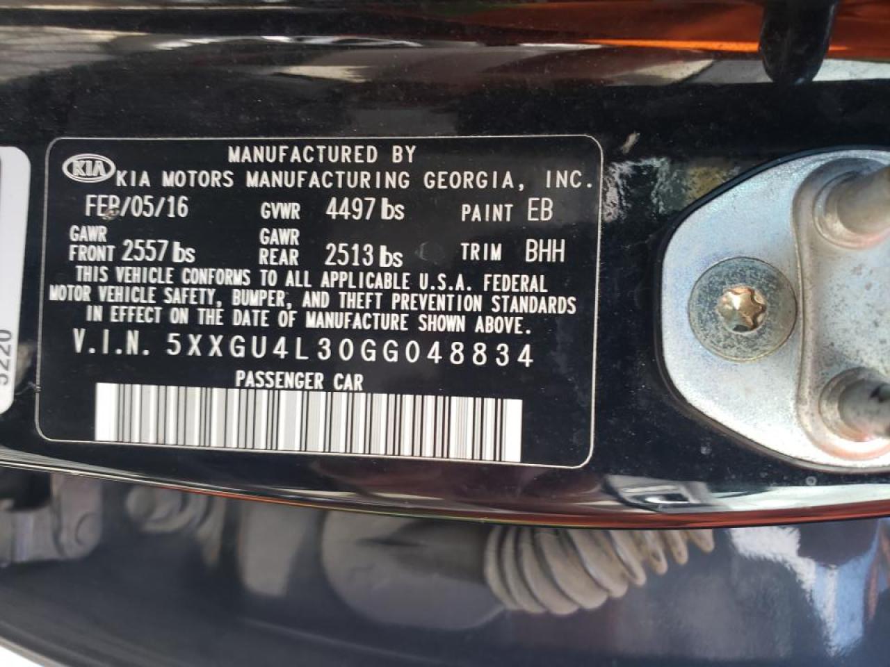 Photo 10 from auction – 2016 KIA OPTIMA EX with VIN 5XXGU4L30GG048834