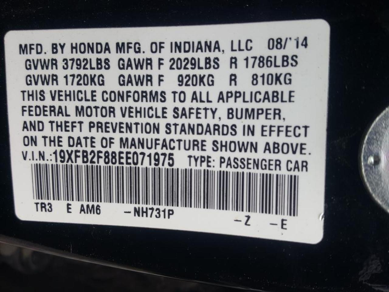 Photo 10 from auction – 2014 HONDA CIVIC EX with VIN 19XFB2F88EE071975