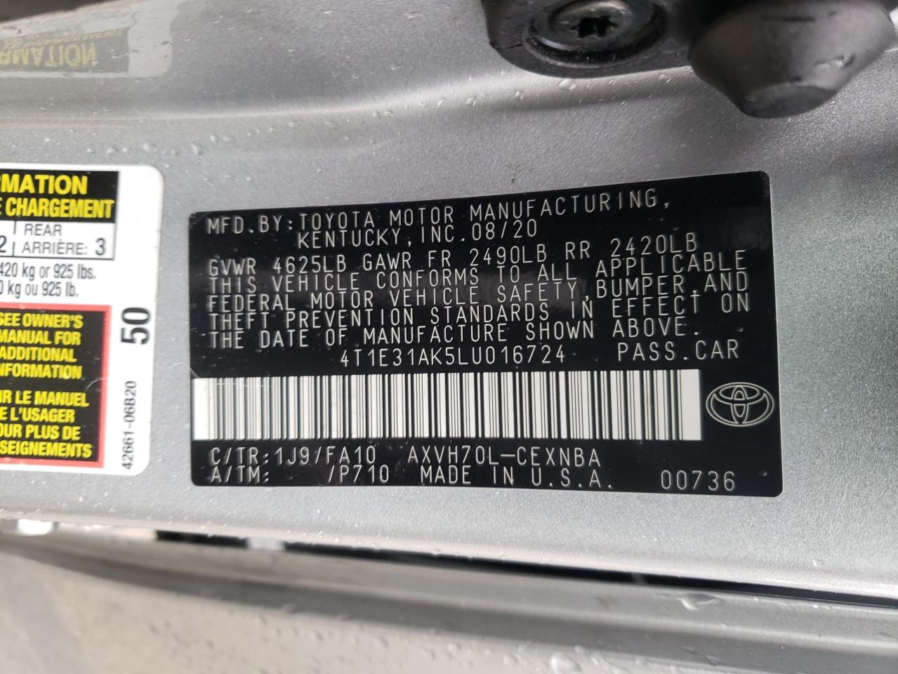 Photo 10 from auction – 2020 TOYOTA CAMRY LE with VIN 4T1E31AK5LU016724