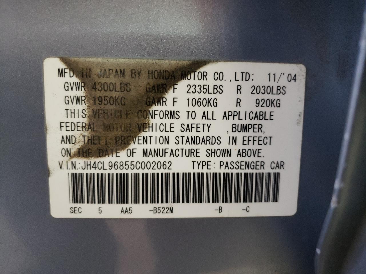 Photo 10 from auction – 2005 ACURA TSX with VIN JH4CL96855C002062