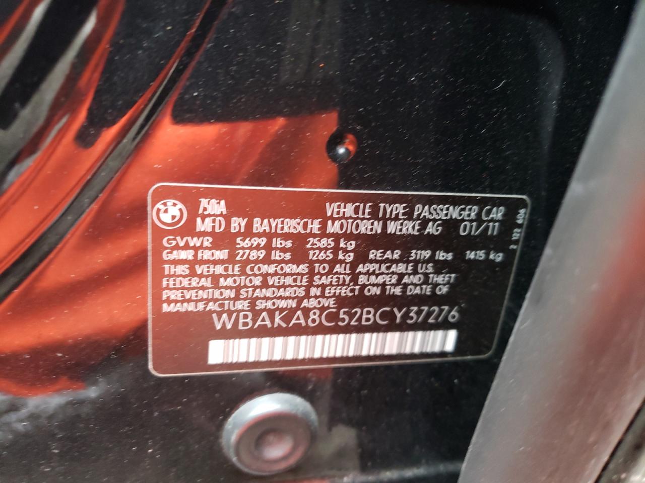 Photo 10 from auction – 2011 BMW 750 I with VIN WBAKA8C52BCY37276